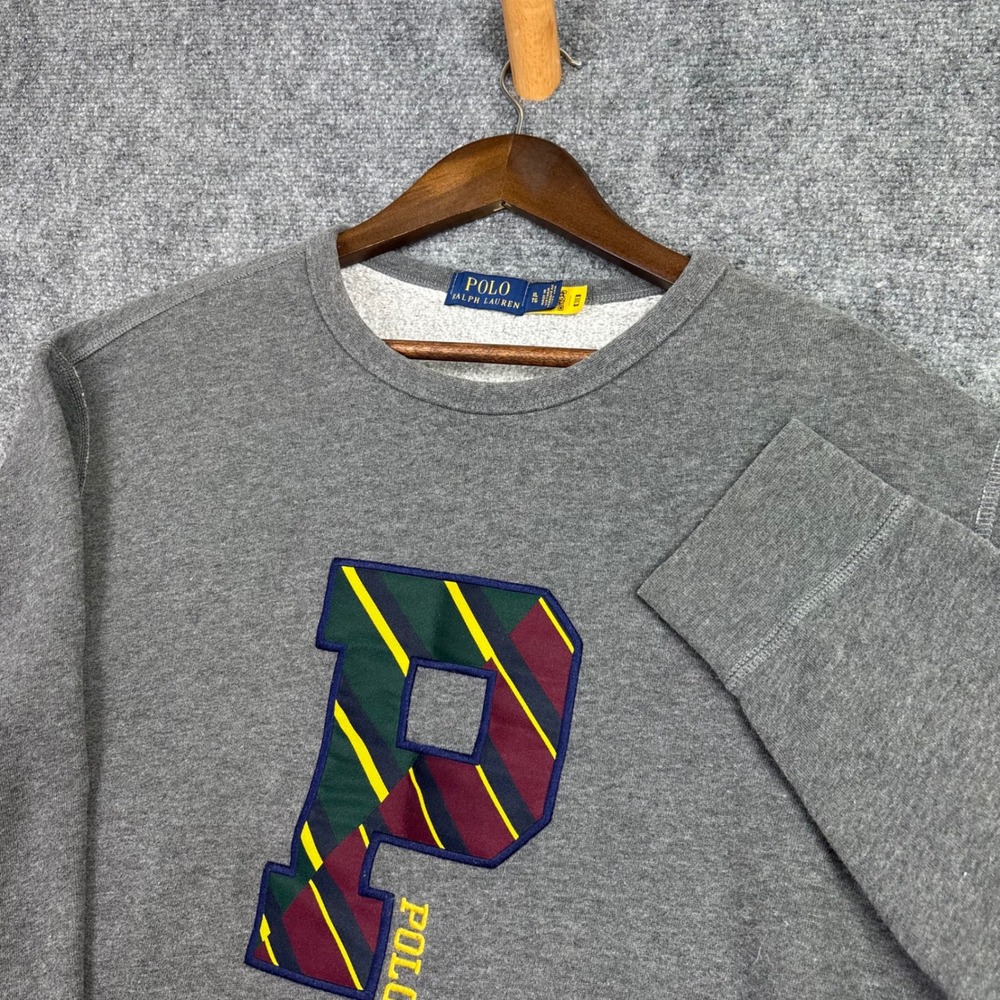 Polo Ralph Lauren Sweatshirt Mens XL Gray Varsity Patch P Crewneck Fleece 0572
